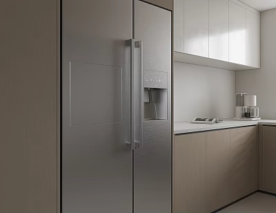 Modern Kitchen With Stainless Steel Refrigerator Countertop Appliances And Light Colored Cabinets 3d model