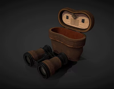 Vintage Industrial Equipment Binoculars In Open Leather Case On Dark Background 3d model