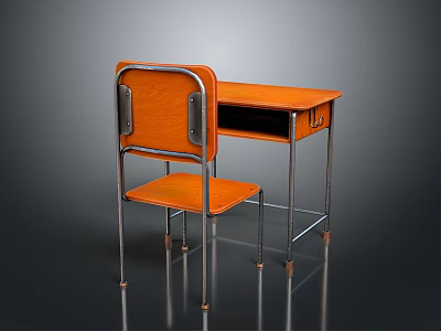 Orange Wooden Desk And Chair Set With Metal Legs And Drawer 3d model