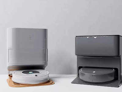 Smart Robot Vacuums With Gray And Dark Gray Charging Docks On Mats 3d model