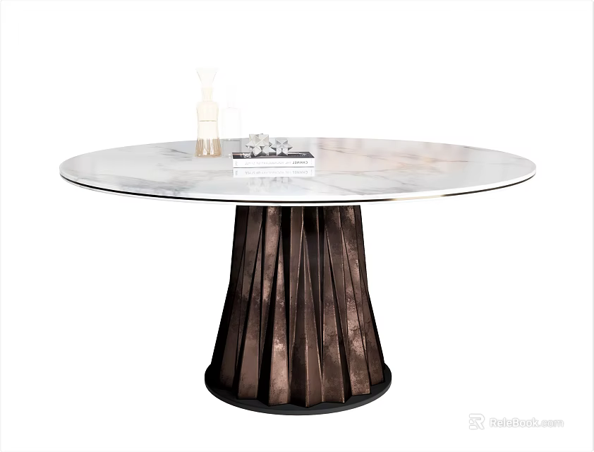Round Marble Top Dining Table with Pleated Brown Base Transparent Bottle and Magazine 3d model 