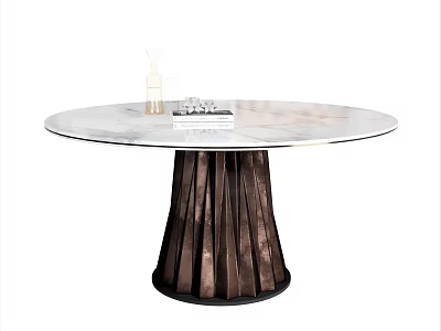 Round Marble Top Dining Table with Pleated Brown Base Transparent Bottle and Magazine 3d model