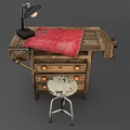 Wooden Functional Workbench With Drawers Red Cloth Lamp Hammer And Stool