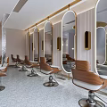 Modern Hair Salon Interior With Hanging Lights Marble Reception Desk Styling Chairs And Elegant Mirror