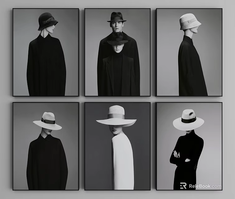 Six Black and White Fashion Portraits With Different Hats And Attire 3d model 