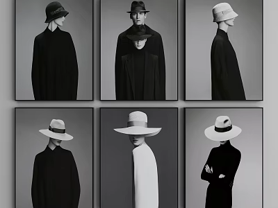 Six Black and White Fashion Portraits With Different Hats And Attire 3d model