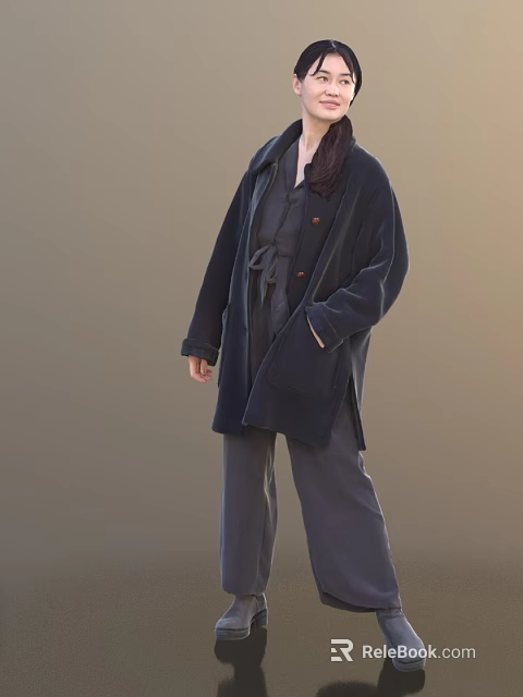 Woman in Dark Long Coat and Matching Dark Pants Standing Against Brown Background 3d model 