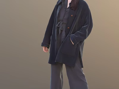 Woman in Dark Long Coat and Matching Dark Pants Standing Against Brown Background 3d model