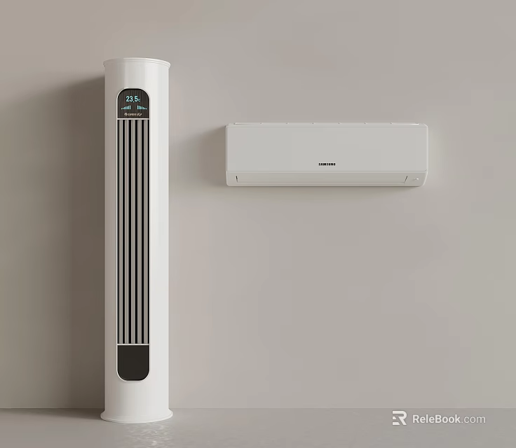 Modern White Tower Fan And Wall Mounted Air Conditioner On Beige Wall 3d model 
