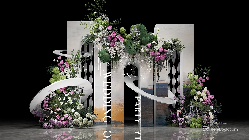 Elegant Wedding Decoration Setup With Floral Arch Geometric Backdrop And Greenery 3d model