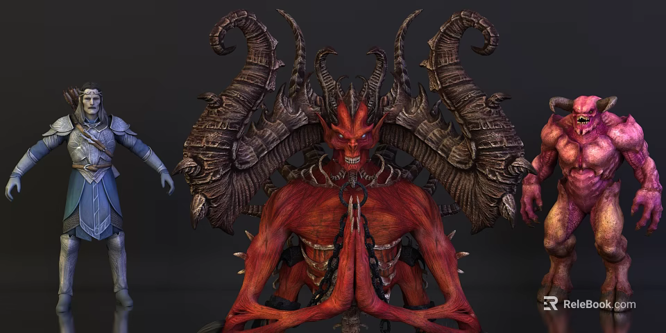Game and Movie Red Demon Character With Massive Horns Intricate Ornaments and Other Surrounding Figures 3d model