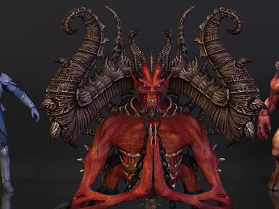 Game and Movie Red Demon Character With Massive Horns Intricate Ornaments and Other Surrounding Figures 3d model