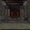 Traditional Chinese Garden Ornaments with Carved Brick Walls Wooden Tables Green Plants and Stone Steps