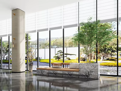 Modern Garden Landscape View Through Large Glass Windows With Trees Greenery Stone And Indoor Marble Bench 3d model