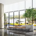 Modern Garden Landscape View Through Large Glass Windows With Trees Greenery Stone And Indoor Marble Bench