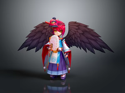 Fantasy Character In Traditional Outfit With Red Hair Fan Black Bird Wings And Ornate Headpiece 3d model