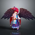 Fantasy Character In Traditional Outfit With Red Hair Fan Black Bird Wings And Ornate Headpiece