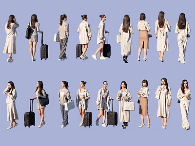 Multiple Women With Luggage And Bags In Various Poses Standing Or Walking 3d model