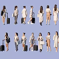 Multiple Women With Luggage And Bags In Various Poses Standing Or Walking