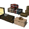 Various Stylish Wooden Trunks And Boxes With Different Patterns Stacked Open
