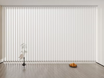 White Vertical Blinds in Room With Wooden Floor Black Vase White Flowers And Fruit Bowl 3d model