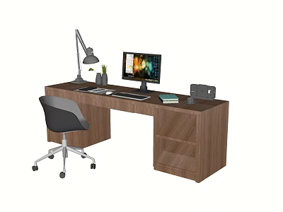 Modern Wooden Office Desk With Computer Monitor Lamp Mouse And Swivel Chair 3d model