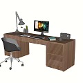Modern Wooden Office Desk With Computer Monitor Lamp Mouse And Swivel Chair