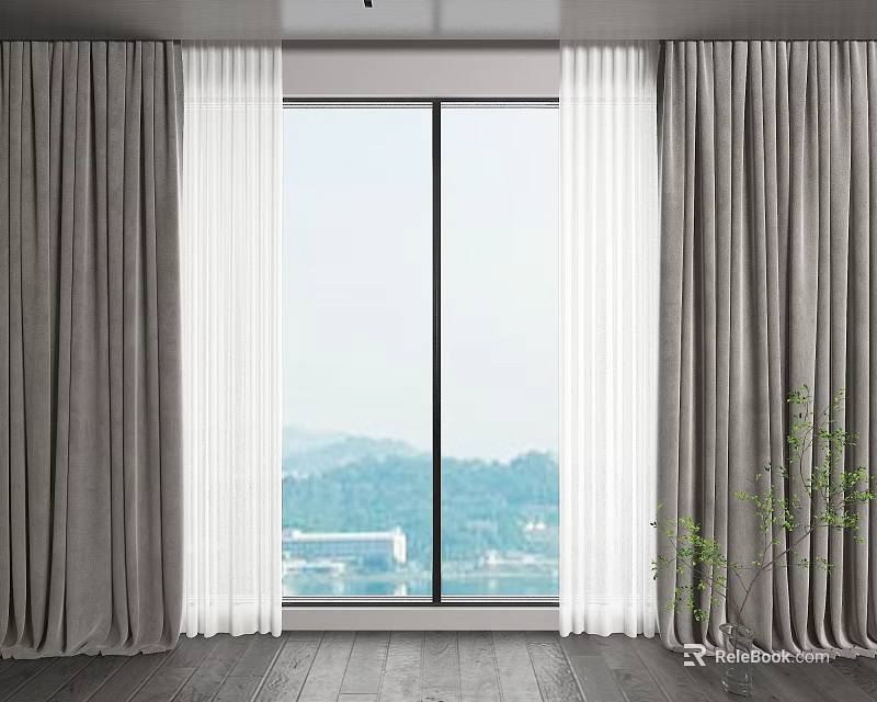Gray Curtains With Sheer Panels For Window Scenic View And Green Plant 3d model 