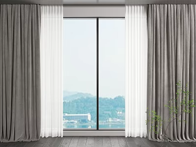 Gray Curtains With Sheer Panels For Window Scenic View And Green Plant 3d model