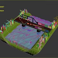 Miniature Landscape Scene Featuring Wooden Bridge Over Blue Water Green Grass And Trees