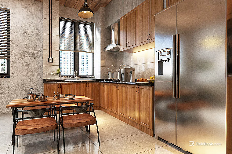 Modern Kitchen with Wooden Cabinets Stainless Steel Refrigerator Blinds Dining Table and Concrete Textured Walls 3d model 