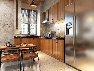 Modern Kitchen with Wooden Cabinets Stainless Steel Refrigerator Blinds Dining Table and Concrete Textured Walls 3d model
