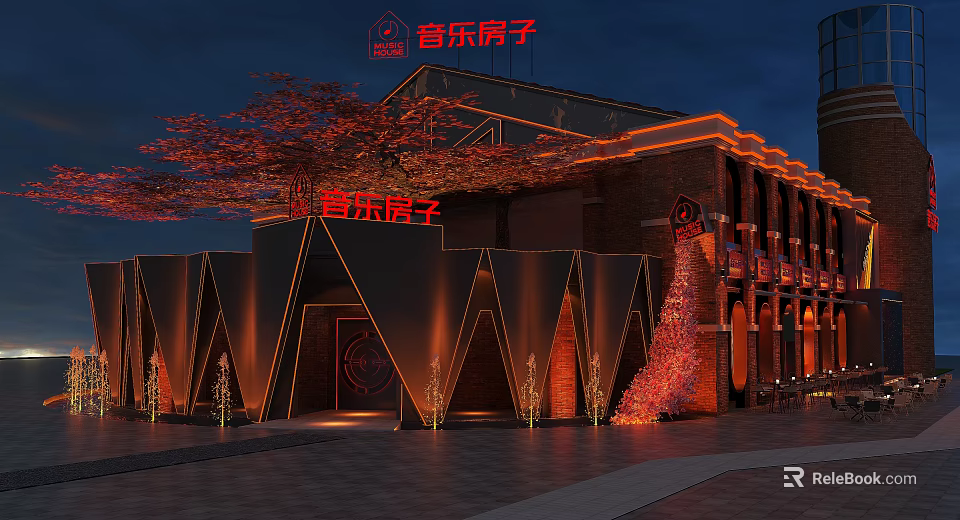 Music House Bar Exterior With Brick Building Neon Lights And Night Lighting 3d model 