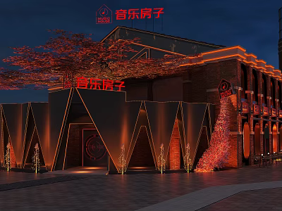 Music House Bar Exterior With Brick Building Neon Lights And Night Lighting 3d model