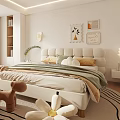 Modern Bedroom Interior With Upholstered Headboard Round Rug Wooden Floor And Ceiling Light Strips
