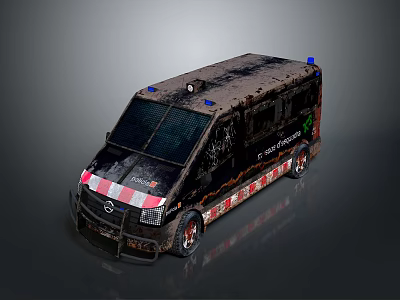 Dirty Zombie Response Van With Blue Lights Red White Stripes And Off Road Tires 3d model