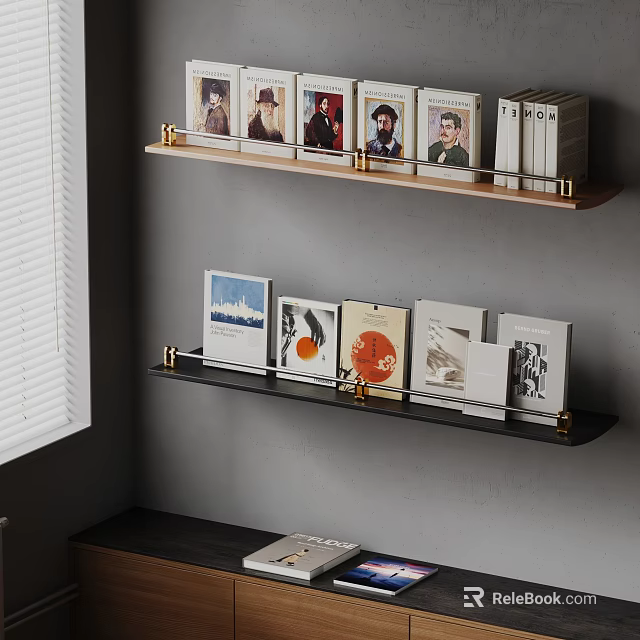 Modern Wooden And Black Wall Mounted Bookshelves With Photos Books Decorative 3d model 