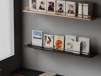 Modern Wooden And Black Wall Mounted Bookshelves With Photos Books Decorative 3d model