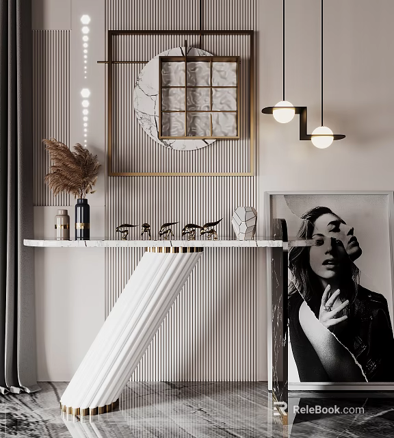 Stylish Console Table Featuring Marble Accent Hanging Lamps And Striped Backdrop 3d model