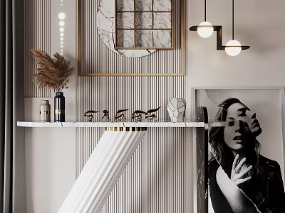Stylish Console Table Featuring Marble Accent Hanging Lamps And Striped Backdrop 3d model