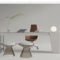 Modern Glass Desk Interior With Laptop Potted Plant White Round Lamp Brown Chair And Stools