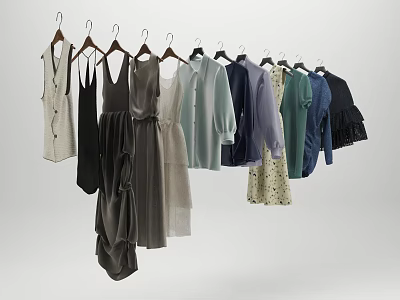 Stylish Women's Clothes Hanging On Hangers Featuring Dresses Shirts And Soft Colors 3d model