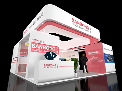 Modern Sanrong International Trading Exhibition Booth With White Red Design And Reception Counter 3d model