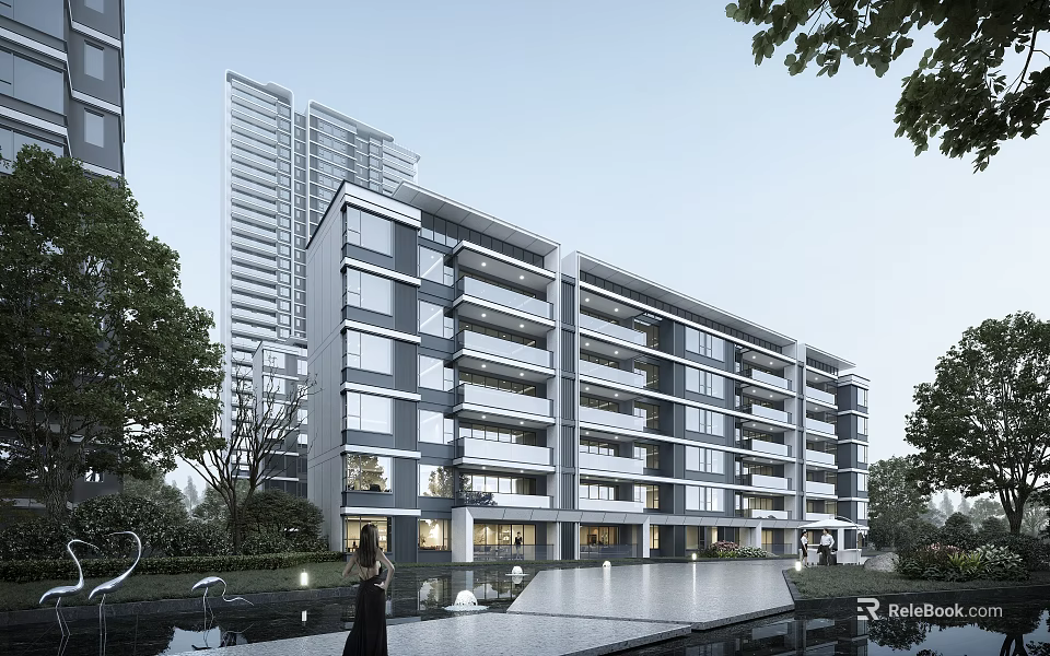 Modern High Rise Residential Complex Exterior With Mid Rise Buildings Water Feature And Green Landscape 3d model 
