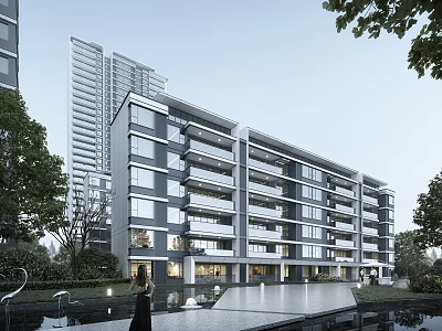 Modern High Rise Residential Complex Exterior With Mid Rise Buildings Water Feature And Green Landscape 3d model