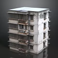 Realistic Weathered Old Multi Storey Residential Apartment 3D Model With Rusty Balconies And Peeling Facade