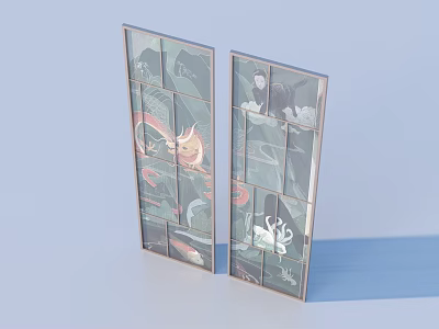 Traditional Chinese Illustrated Household Screens With Grid Panels And Fish Lotus Bird Patterns 3d model