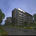 Modern Residential Building with Balconies Lush Greenery Trees Fountains and Pathway
