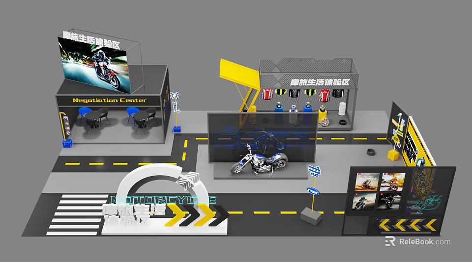Motorcycle Exhibition Area Display Booth With Model And Interactive Showcase Elements 3d model 