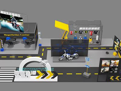 Motorcycle Exhibition Area Display Booth With Model And Interactive Showcase Elements 3d model